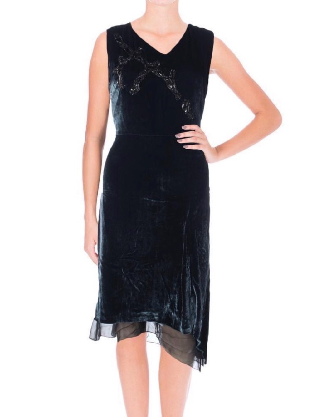 ELIE TAHARI Teresa Midnight Blue Velvet Beaded V-Neck Shift Cocktail Dress Sz 12